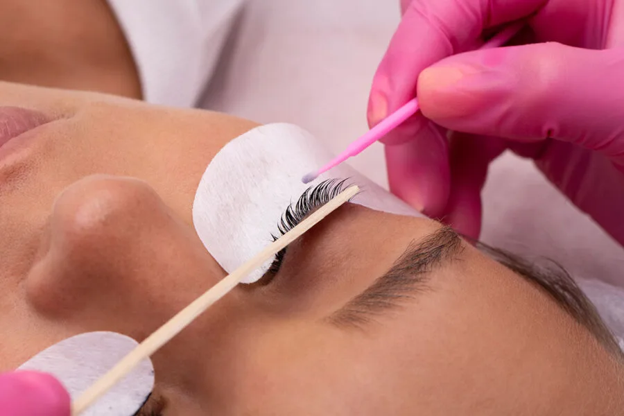 Lash lift treatment in progress