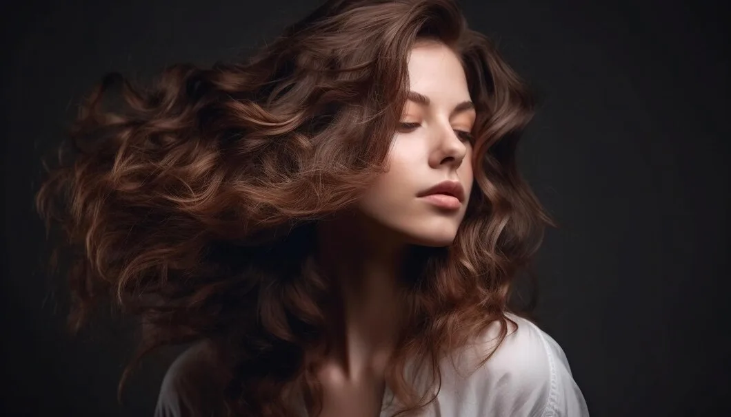 Studio portrait — dark backdrop, voluminous glossy hair
